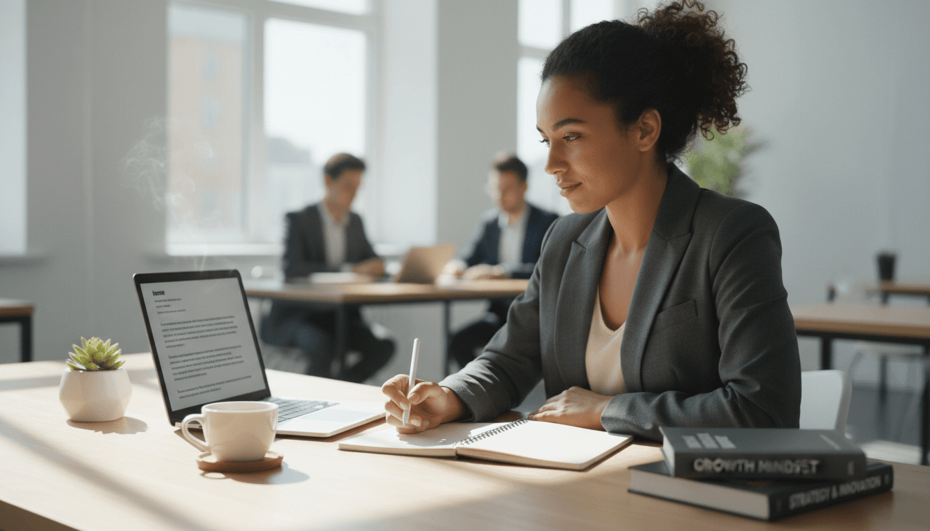 Professional woman reviewing resume at desk during career coaching session